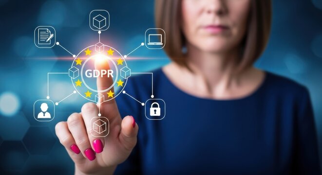 Woman touching a screen with gdpr symbol, representing data privacy and protection regulations in the digital world