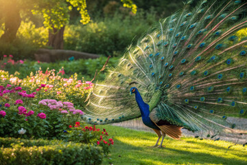 Obraz premium Peacock displaying open vibrant tail feathers in lush garden with sunlight highlights wildlife nature close up