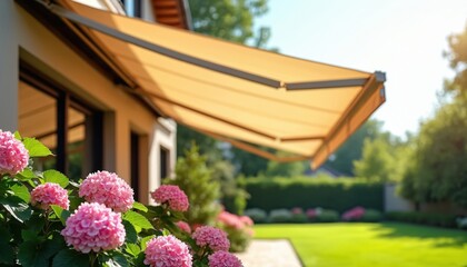 Retractable awning provides shade on sunny day, extending over garden patio. Pink hydrangeas bloom in foreground. Beige awning complements modern house exterior, offering outdoor comfort, protection.