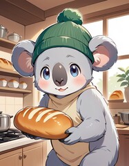  A cartoon-style koala in a green beanie and checkered flannel jacket, holding a loaf of freshly baked bread, set against a warm beige background with soft sunlight. Generative AI