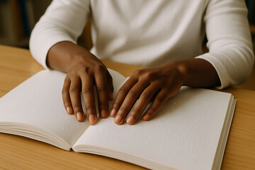 Visually impaired person reading Braille book fingers close up accessibility education learning literacy tactile language blind reader communication disability empowerment inclusion focus

