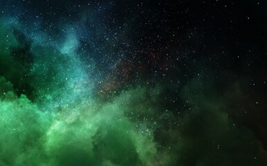 Obraz premium The cosmic background is vast, with deep blue and vibrant green hues, and features scattered stars that create a celestial atmosphere