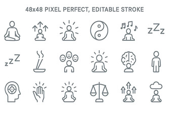 Fototapeta premium Meditation and wellness icon set 48 by 48 pixel perfect editable stroke yoga mindfulness chakra zen relaxation healing balance harmony spiritual health vector symbols collection design elements