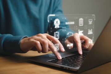Naklejka premium Digital Productivity: Hands meticulously navigate a laptop keyboard, with interactive holographic interfaces symbolizing the achievement of success and efficiency.