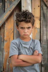 Anti bullying awareness with serious child crossing arms. The problem of bullying at school, bullying of classmates based on nationality, race or class. Day of Children Victims of Aggression