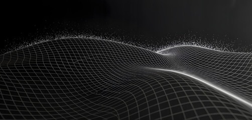 Abstract Grid Landscape: A sleek, modern visual representing a digital landscape formed by an intricate grid pattern. The grid undulates across a dark canvas.