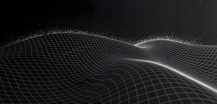 Abstract Grid Landscape: A sleek, modern visual representing a digital landscape formed by an intricate grid pattern. The grid undulates across a dark canvas.