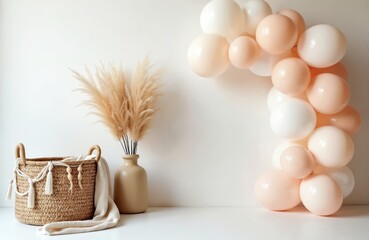 Minimalist studio setup for a one year birthday celebration. Features a balloon arch in pastel colors, a woven basket with tassels and a neutral blanket, and a vase with dried pampas grass.