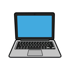 A simple, stylized illustration of an open laptop computer with a blank blue screen, ready for use.