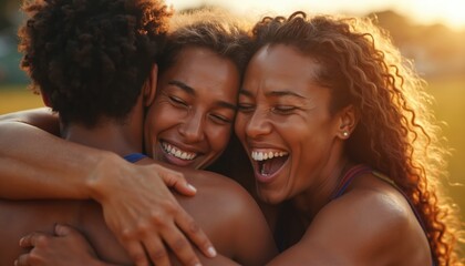 Three athletes embrace in tight hug after sports victory. Expressions of pure joy, sweat, connection visible, showing strong camaraderie, shared success. Dynamic motion, triumph highlight teamwork,