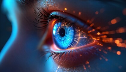 Futuristic digital eye, cybernetic vision, artificial intelligence concept. Blue iris with glowing orange data streams, advanced technology, network connection, AI innovation, cyberspace