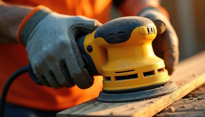 Gloved hands operate yellow power sander on wooden plank. Close-up captures craftsmanship detail, sawdust flying. Modern electric tool, safety gear for carpentry, construction, and repair work.