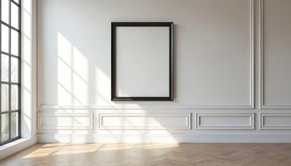 Obraz premium Modern Scandinavian interior featuring black picture frame on white wall with detailed plaster molding. Space includes large window with grid panes, natural light casting shadows on wooden floor.