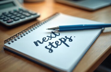 Notebook with phrase next steps, pen, calculator, laptop on wooden desk. Focus on planning, writing, strategy, ideas, goals, productivity, motivation, work action, progress.