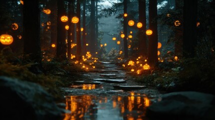 A mystical forest path illuminated by glowing carved pumpkins, creating a magical Halloween atmosphere.
