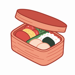 Bento box with assorted food items in a wooden container  