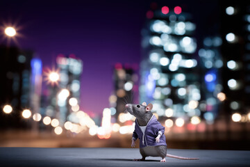 A gray rat in a suit against the backdrop of an evening metropolis.