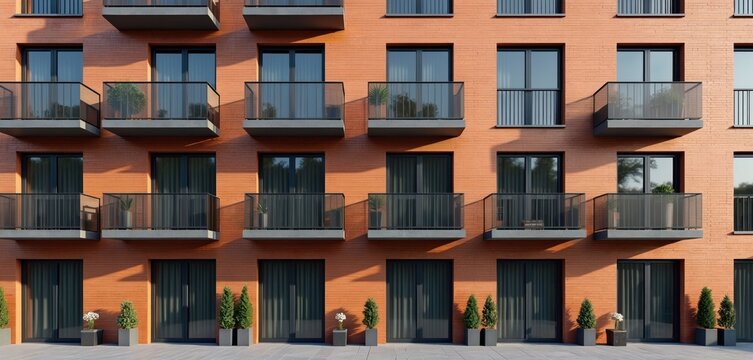 Modern apartment building facade featuring red brickwork, clean lines, numerous balconies with glass railings. Balcony offers plants, enhancing residential structure. Multiple windows, doors give
