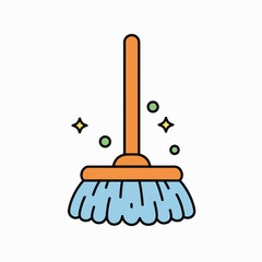 Cleaning broom with blue bristles and sparkles on white background  