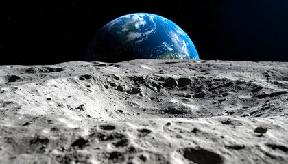 Earth rise over the lunar landscape.