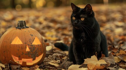 Black cat with carved pumpkin in autumn leaves for Halloween decor. Horizontal banner. Copy space. Free space for text