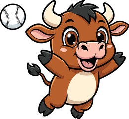 Cartoon bull jumping with baseball, brown body, beige horns and snout, black hooves and hair, happy expression, vector illustration
