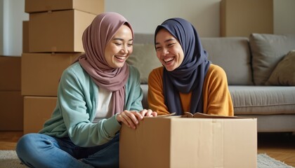 Two smiling Muslim women in hijabs unpack boxes in new home, sharing moment of joy, excitement. Sit on floor surrounded by cardboard moving boxes, with couch visible in background, signifying fresh