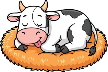Cartoon cow sleeping on orange cushion, black and white spots, pink snout, relaxed pose, cute farm animal vector illustration