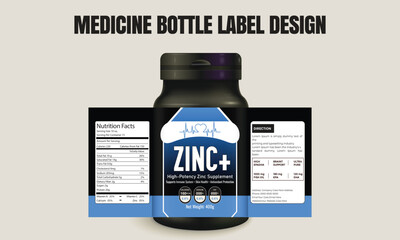 High-potency Zinc+ supplement medicine bottle with label design, blue accents, and nutrition facts panel.