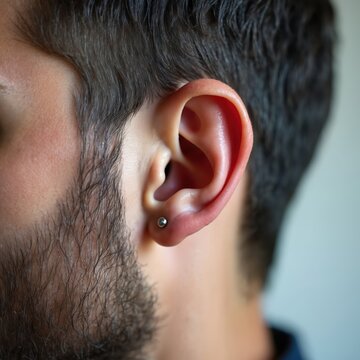 Close-up of man ear with detailed texture, single stud piercing. Salt-and-pepper hair frames profile, masculine features, individuality. Focus on natural human anatomy, sharp contrast, subtle light