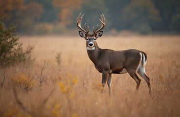 Naklejka premium Majestic male White-tailed Deer buck stands alert in golden autumn meadow. Large antlers, attentive gaze capture of wilderness. Mammal perfectly posed amidst dry grass, blurred foliage, natural