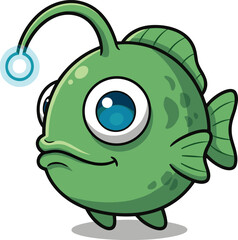 Cartoon green anglerfish with glowing lure, big blue eyes, spotted body, standing on fins, cute aquatic character, vector illustration