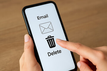 Delete email message from smartphone screen using finger tap gesture, digital inbox cleaning, mobile email management, spam removal, communication data privacy concept, user deleting messages interfac
