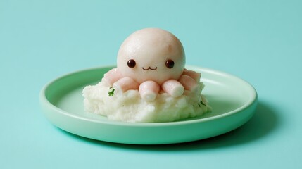 Creative dessert shaped like octopus placed on blue plate, inspired by Japanese cuisine.