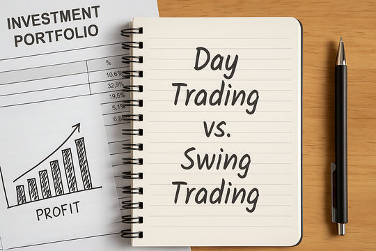 Day trading versus swing trading concept on notebook with investment portfolio analysis chart showing financial profit, comparison strategy planning, stock market tactics, risk return equity growth ou - Powered by Adobe