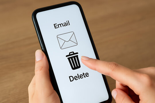 Delete email message from smartphone screen using finger tap gesture, digital inbox cleaning, mobile email management, spam removal, communication data privacy concept, user deleting messages interfac