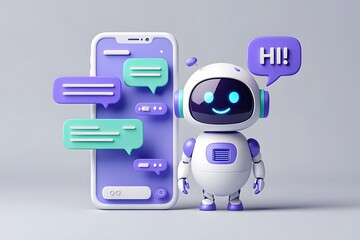 Fototapeta premium Chatbot AI Artificial Intelligence technology virtual conversation assistant support mobile smart phone online application chatting with customer service automatic answering. 3d rendering.