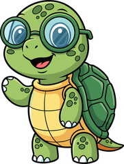 Cartoon turtle waving, green shell with hexagon pattern, yellow belly, blue glasses, cheerful character, smiling animal, vector illustration