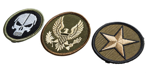 Embroidered military patches, transparent background PNG