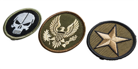 Embroidered military patches, transparent background PNG