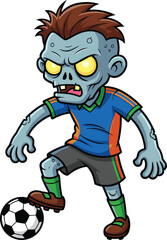 Cartoon zombie soccer player with blue skin, glowing yellow eyes, spiky hair, orange-blue jersey, standing on ball, vector illustration