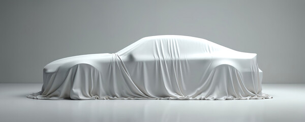Modern car covered with white sheet, hinting at new automotive technology, design. Clean, minimalist studio presentation suggests futuristic luxury sedan launch. Smooth, elegant drape emphasizes