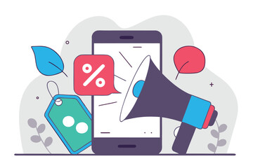 Digital marketing promotion megaphone and discount icons set