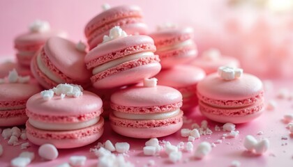 Obraz premium Pile of pink French macarons, delicate sweet treats with creamy filling. Bakery delights, perfect for parties and celebrations. Bright, fresh presentation of artisan confectionary.