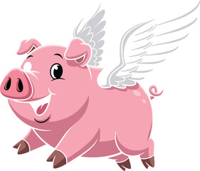 Cute cartoon flying pig, pink pig with wings, happy expression, whimsical animal character, fantasy concept, vector illustration, curly tail, smiling face