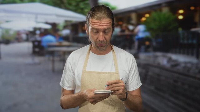 Man in apron with notepad holds pen and writes notes on busy crowded outdoor street; service dedication.