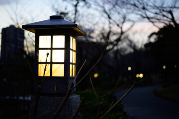 夜の公園の和風の街灯