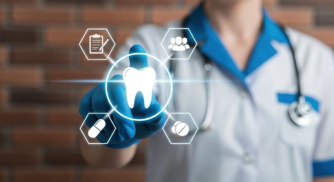Dentist touching a digital interface with icons representing dental care, treatment, and medicine for oral health and wellness