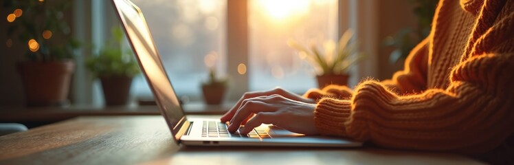 Cozy home office e-learning. Person types on laptop in warm sweater. Interactive online course format in e-book style. Digital resource offers convenience, engagement, interaction, collaboration for