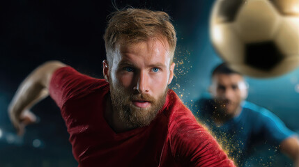 A soccer player passionately strikes the ball during a match, focused and determined